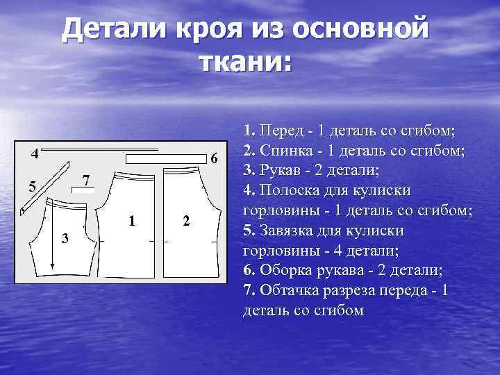 Детали кроя из основной ткани: 1. Перед - 1 деталь со сгибом; 2. Спинка