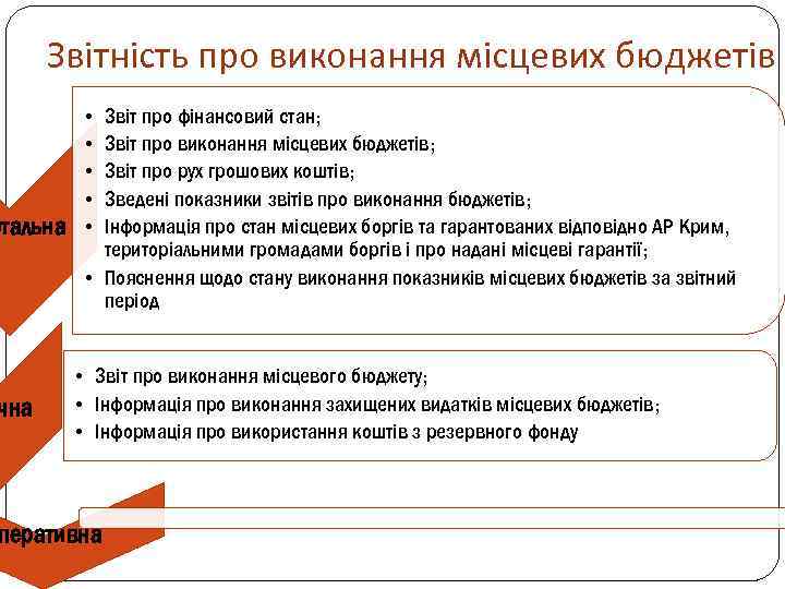 Звітність про виконання місцевих бюджетів Звіт про фінансовий стан; Звіт про виконання місцевих бюджетів;