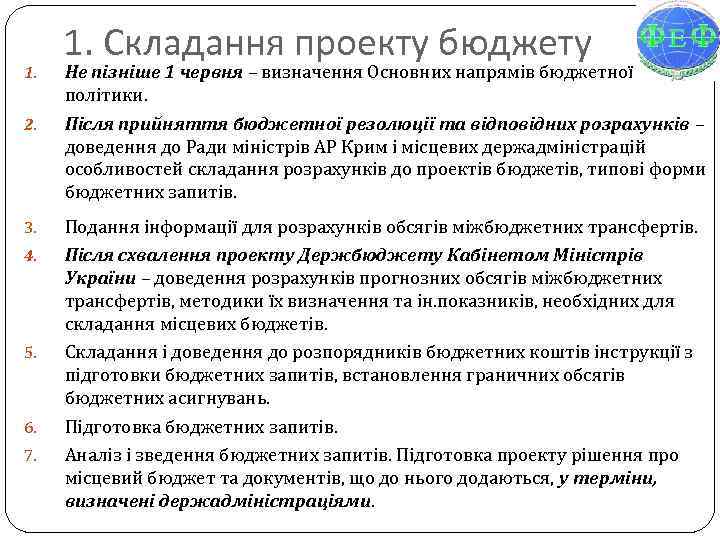 1. 1. Складання проекту бюджету Не пізніше 1 червня – визначення Основних напрямів бюджетної