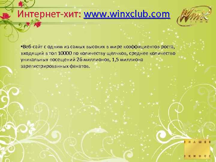 Интернет-хит: www. winxclub. com • Веб-сайт с одним из самых высоких в мире коэффициентов