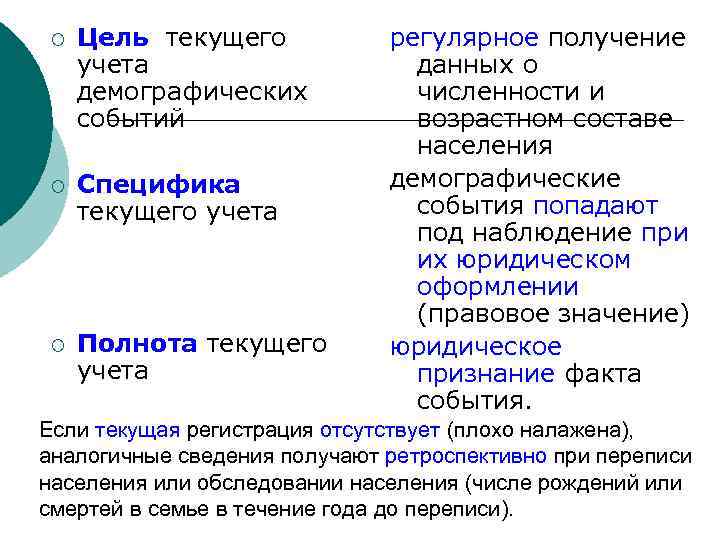¡ Цель текущего учета демографических событий ¡ Специфика текущего учета ¡ Полнота текущего учета