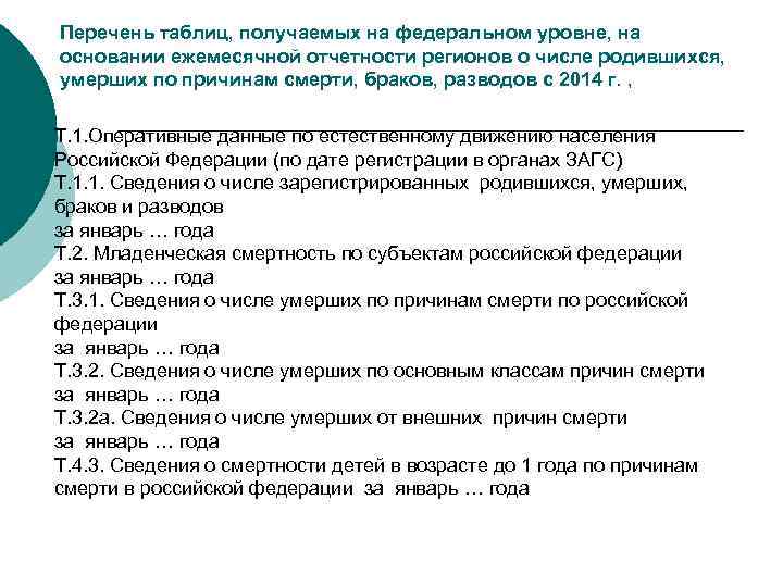 Перечень таблиц, получаемых на федеральном уровне, на основании ежемесячной отчетности регионов о числе родившихся,