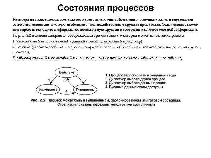 Состояния процессов Несмотря на самостоятельность каждого процесса, наличие собственного счетчика команд и внутреннего состояния,