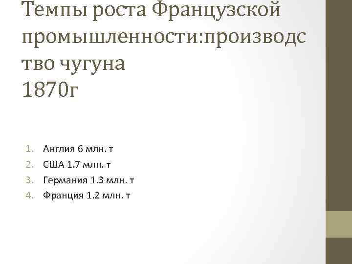 Темпы роста Французской промышленности: производс тво чугуна 1870 г 1. 2. 3. 4. Англия