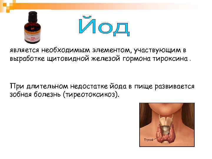 является необходимым элементом, участвующим в выработке щитовидной железой гормона тироксина. При длительном недостатке йода