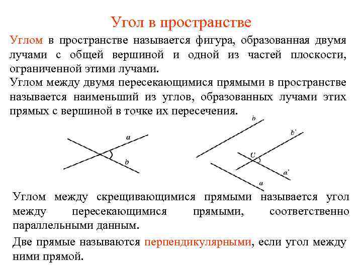 Угол в пространстве Углом в пространстве называется фигура, образованная двумя лучами с общей вершиной