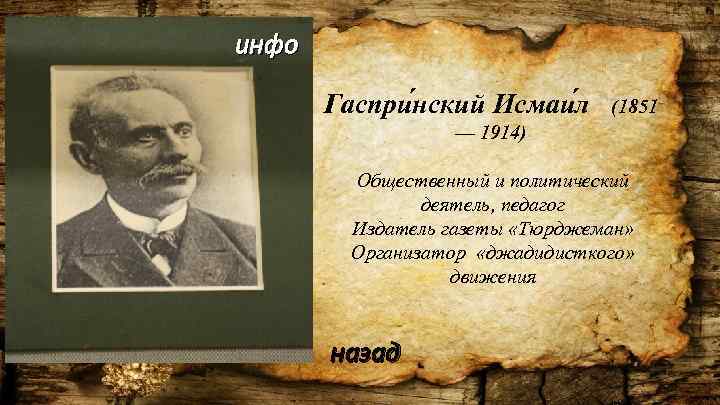 инфо Гаспри нский Исмаи л (1851 — 1914) Общественный и политический деятель, педагог Издатель