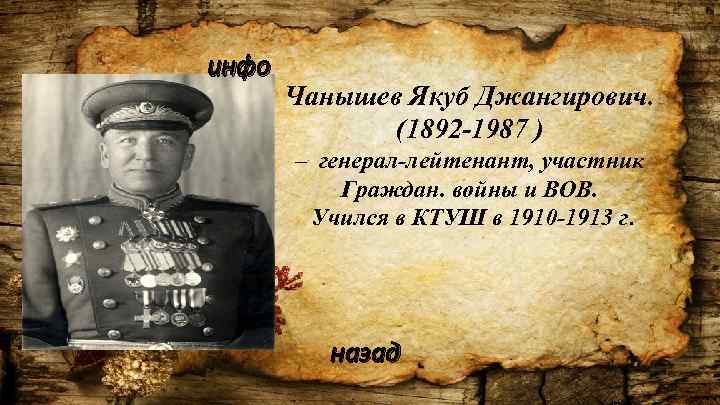 инфо Чанышев Якуб Джангирович. (1892 -1987 ) – генерал-лейтенант, участник Граждан. войны и ВОВ.