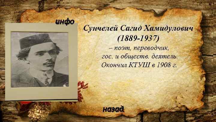инфо Книга татарского языка. Сунчелей Сагид Хамидулович (1889 -1937) – поэт, переводчик, гос. и