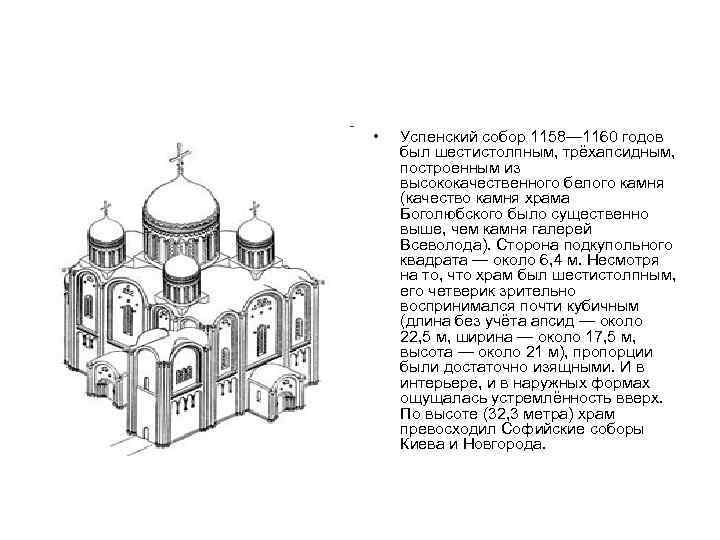  • Успенский собор 1158— 1160 годов был шестистолпным, трёхапсидным, построенным из высококачественного белого