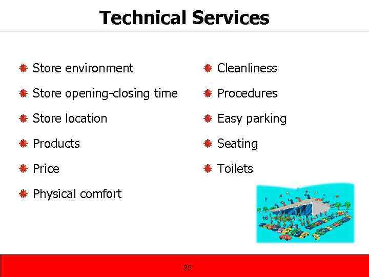Technical Services Store environment Cleanliness Store opening-closing time Procedures Store location Easy parking Products