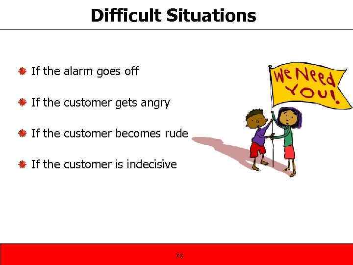 Difficult Situations If the alarm goes off If the customer gets angry If the