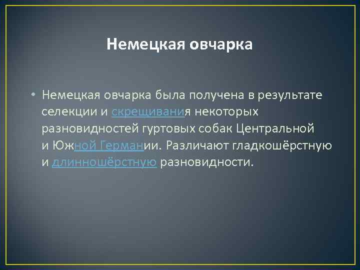 Немецкая овчарка • Немецкая овчарка была получена в результате селекции и скрещивания некоторых разновидностей