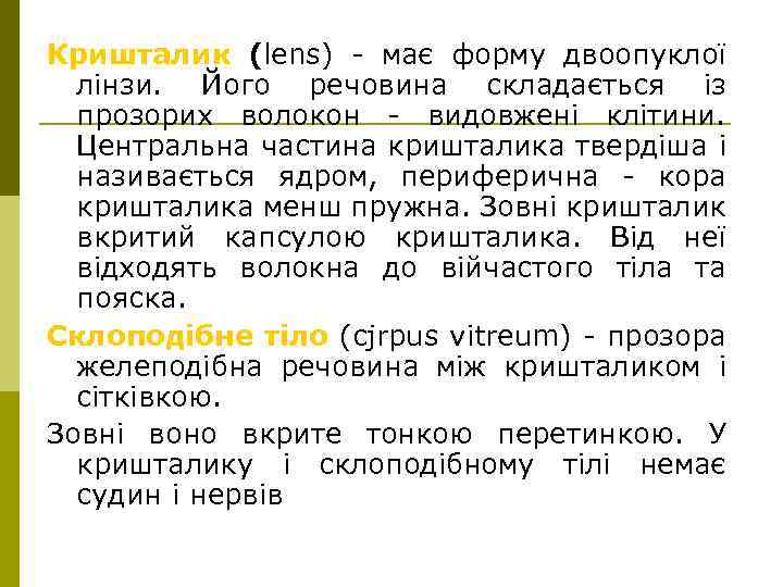 Кришталик (lens) - має форму двоопуклої лінзи. Його речовина складається із прозорих волокон -