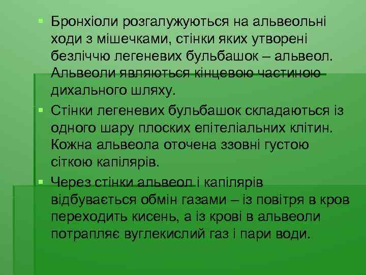 § Бронхіоли розгалужуються на альвеольні ходи з мішечками, стінки яких утворені безліччю легеневих бульбашок