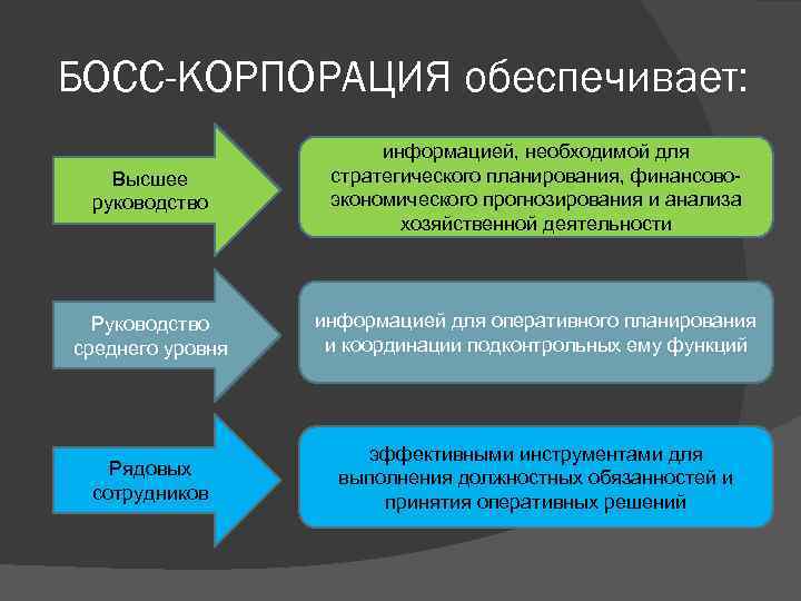 БОСС-КОРПОРАЦИЯ обеспечивает: Высшее руководство информацией, необходимой для стратегического планирования, финансовоэкономического прогнозирования и анализа хозяйственной