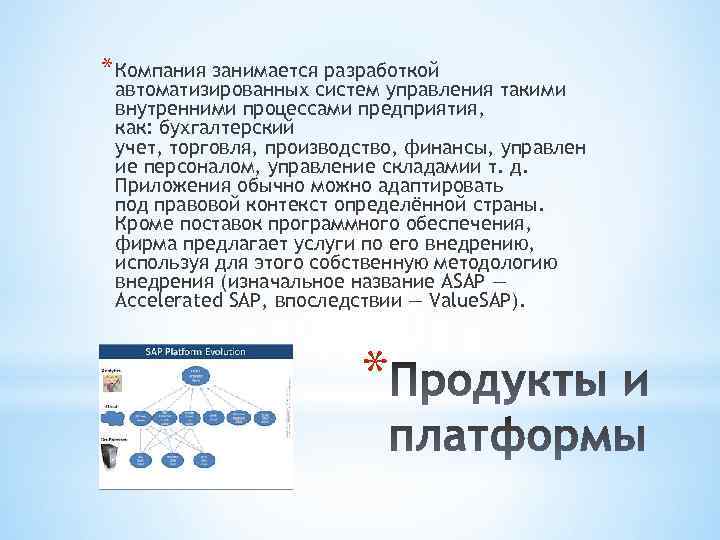 * Компания занимается разработкой автоматизированных систем управления такими внутренними процессами предприятия, как: бухгалтерский учет,