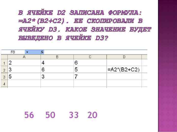 В ЯЧЕЙКЕ D 2 ЗАПИСАНА ФОРМУЛА: =A 2*(B 2+C 2). ЕЕ СКОПИРОВАЛИ В ЯЧЕЙКУ