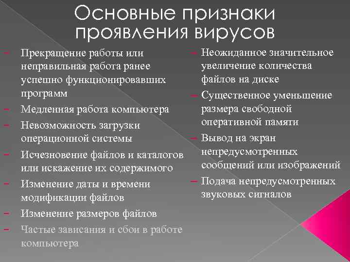 Основные признаки проявления вирусов − − − − Прекращение работы или неправильная работа ранее