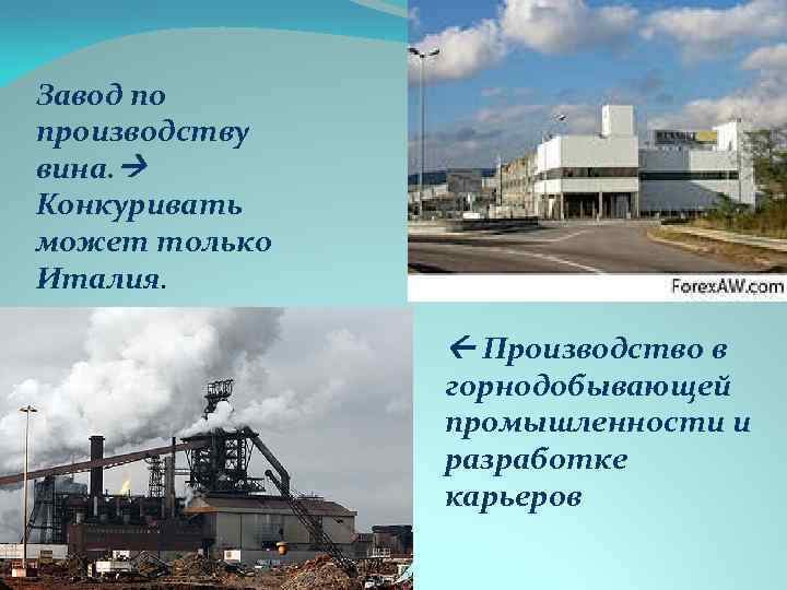 Завод по производству вина. Конкуривать может только Италия. Производство в горнодобывающей промышленности и разработке