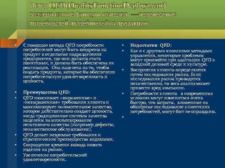 Метод QFD(Quality. Function. Deployment) развертывание функции качества —перенесение потребностей потребителейна продукцию • • •