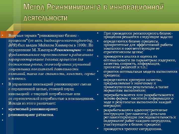 Метод Реинжиниринга в инновационной деятельности • • • Впервые термин 