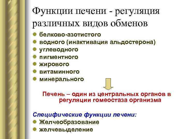 Функции печени - регуляция различных видов обменов l l l l белково-азотистого водного (инактивация