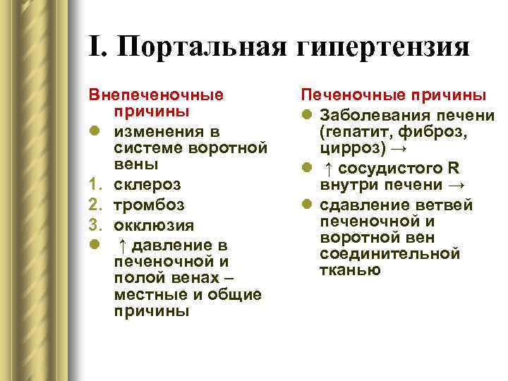 I. Портальная гипертензия Внепеченочные причины l изменения в системе воротной вены 1. склероз 2.