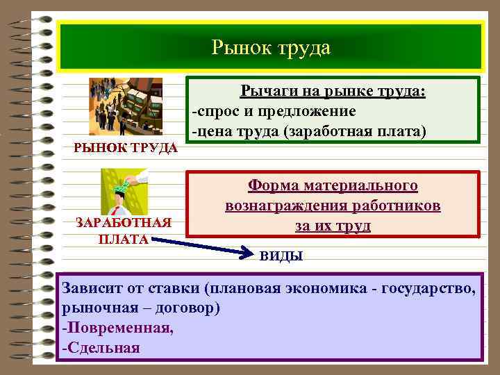 Рынок труда Рычаги на рынке труда: -спрос и предложение -цена труда (заработная плата) РЫНОК