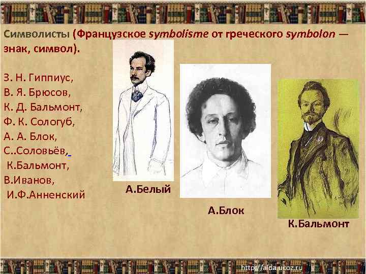 Символисты (Французское symbolisme от греческого symbolon — знак, символ). З. Н. Гиппиус, В. Я.