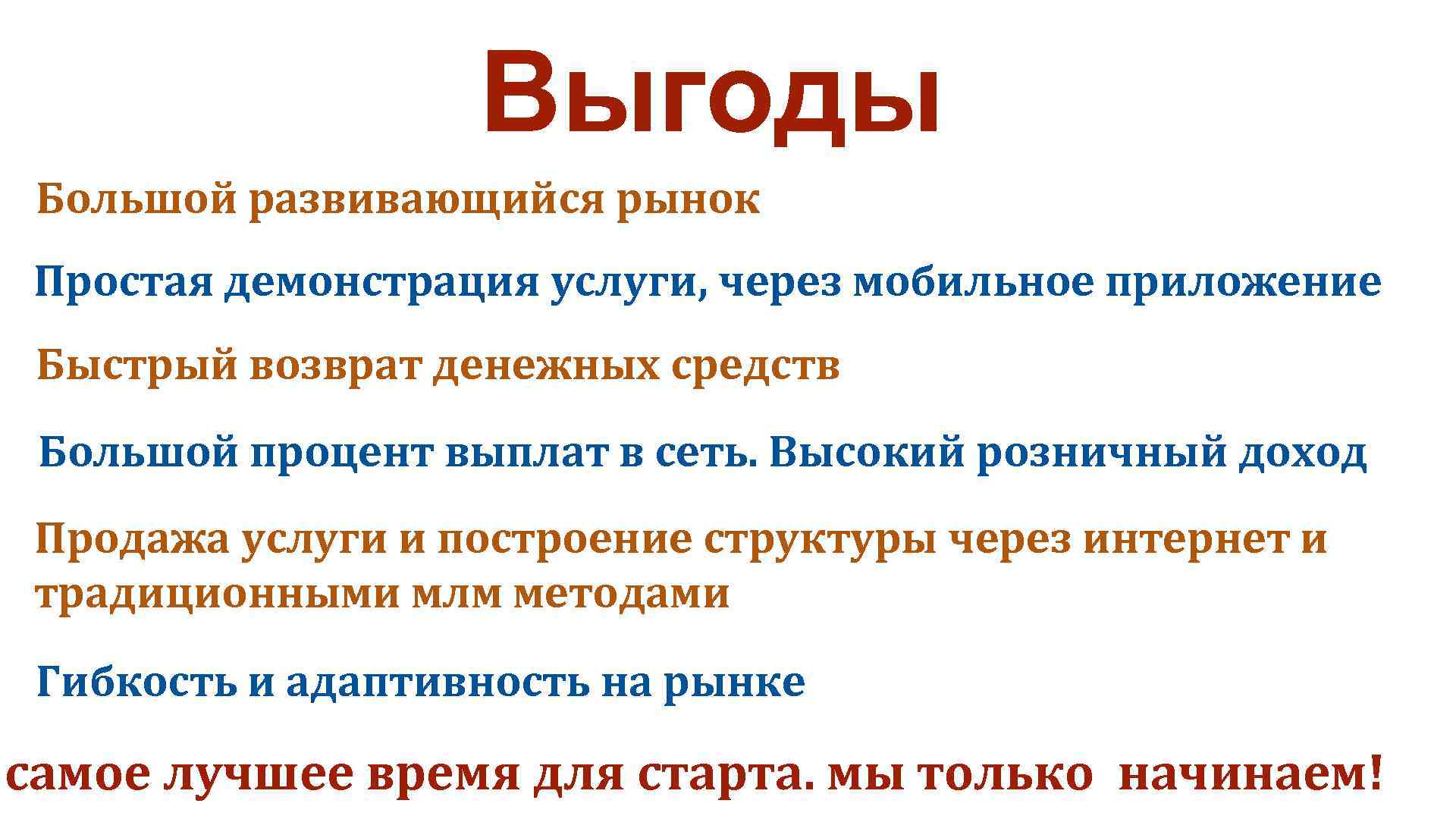 Выгоды Большой развивающийся рынок Простая демонстрация услуги, через мобильное приложение Быстрый возврат денежных средств