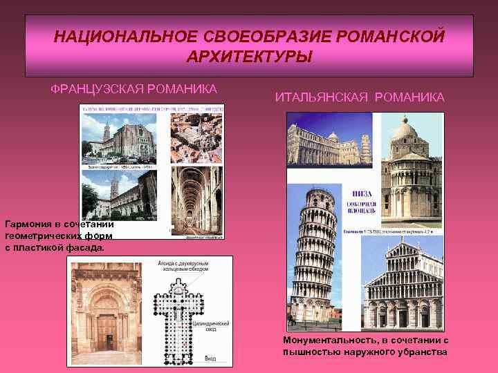 НАЦИОНАЛЬНОЕ СВОЕОБРАЗИЕ РОМАНСКОЙ АРХИТЕКТУРЫ ФРАНЦУЗСКАЯ РОМАНИКА ИТАЛЬЯНСКАЯ РОМАНИКА Гармония в сочетании геометрических форм с