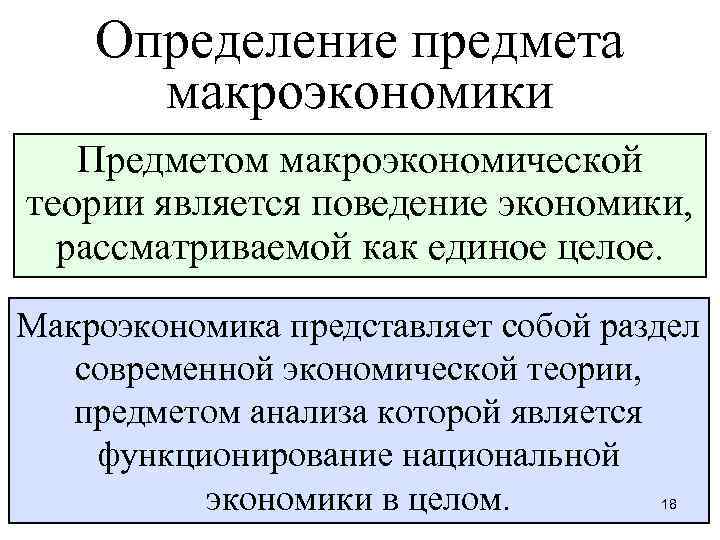 Определение предмета макроэкономики Предметом макроэкономической теории является поведение экономики, рассматриваемой как единое целое. Макроэкономика