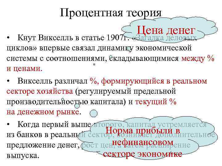 Процентная теория Цена денег • Кнут Викселль в статье 1907 г. «Загадка деловых циклов»