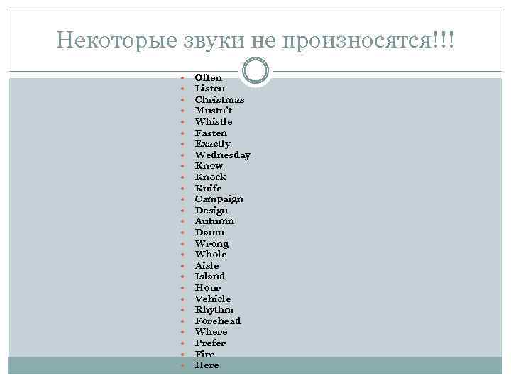 Некоторые звуки не произносятся!!! Often Listen Christmas Mustn’t Whistle Fasten Exactly Wednesday Know Knock