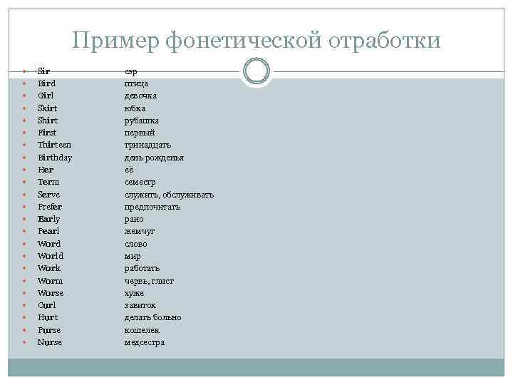 Пример фонетической отработки Sir Bird Girl Skirt Shirt First Thirteen Birthday Her Term Serve