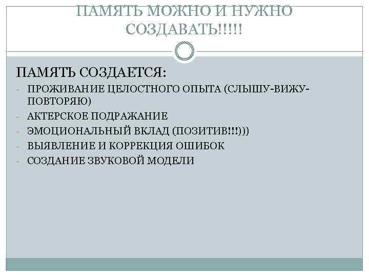 ПАМЯТЬ МОЖНО И НУЖНО СОЗДАВАТЬ!!!!! ПАМЯТЬ СОЗДАЕТСЯ: - ПРОЖИВАНИЕ ЦЕЛОСТНОГО ОПЫТА (СЛЫШУ-ВИЖУ- ПОВТОРЯЮ) АКТЕРСКОЕ