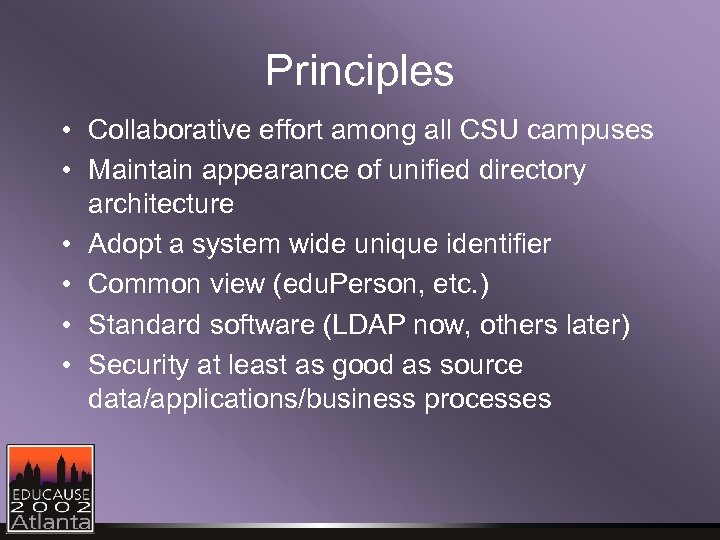 Principles • Collaborative effort among all CSU campuses • Maintain appearance of unified directory