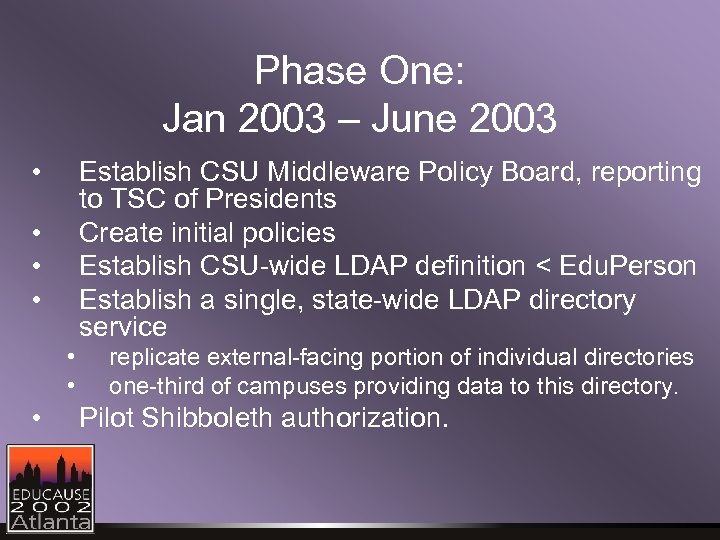 Phase One: Jan 2003 – June 2003 • Establish CSU Middleware Policy Board, reporting
