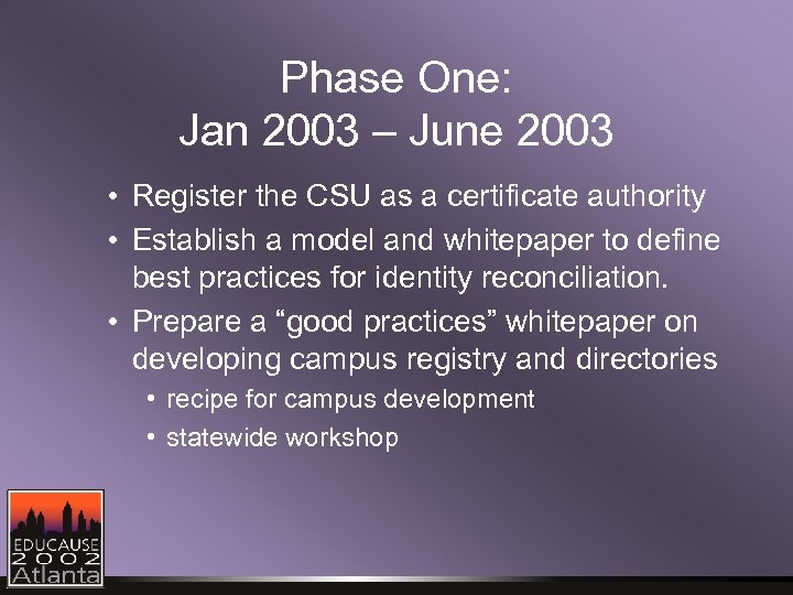 Phase One: Jan 2003 – June 2003 • Register the CSU as a certificate