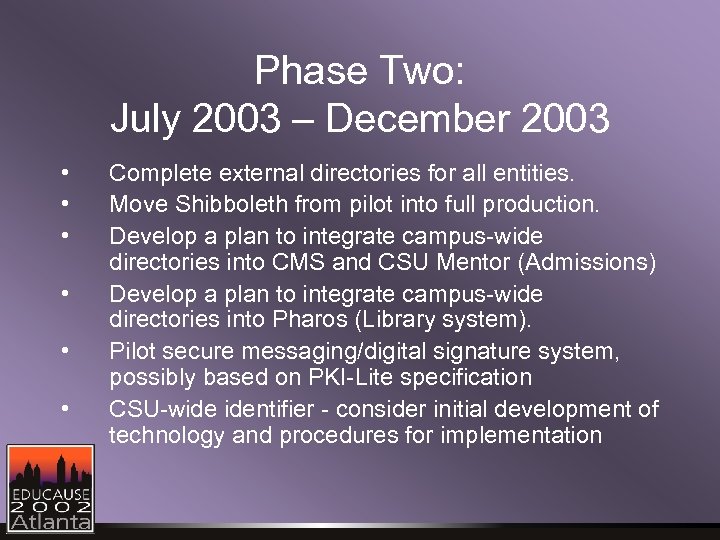 Phase Two: July 2003 – December 2003 • • • Complete external directories for