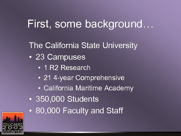 First, some background… The California State University • 23 Campuses • 1 R 2