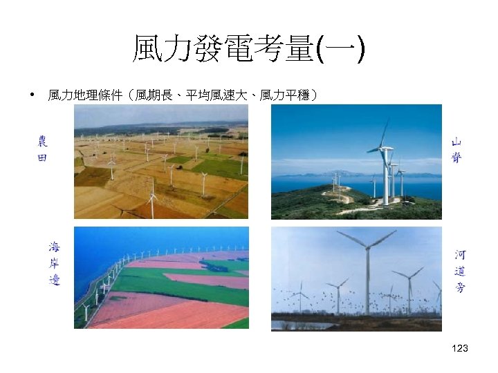 風力發電考量(一) • 風力地理條件（風期長、平均風速大、風力平穩） 123 