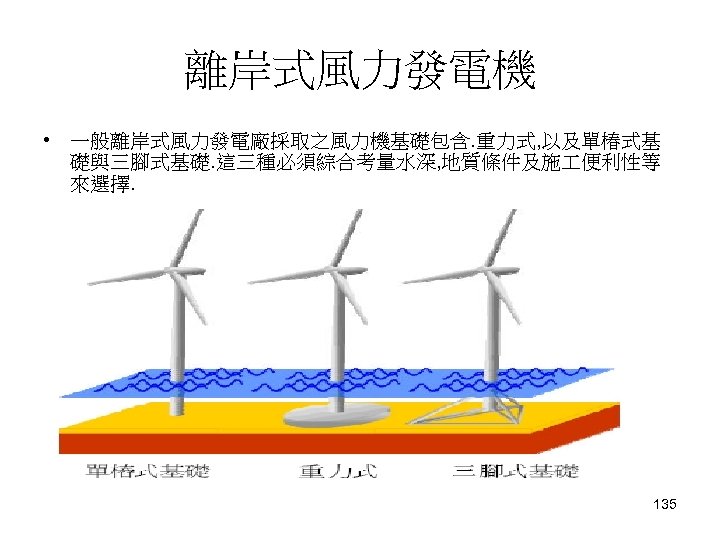 離岸式風力發電機 • 一般離岸式風力發電廠採取之風力機基礎包含. 重力式, 以及單椿式基 礎與三腳式基礎. 這三種必須綜合考量水深, 地質條件及施 便利性等 來選擇. 135 