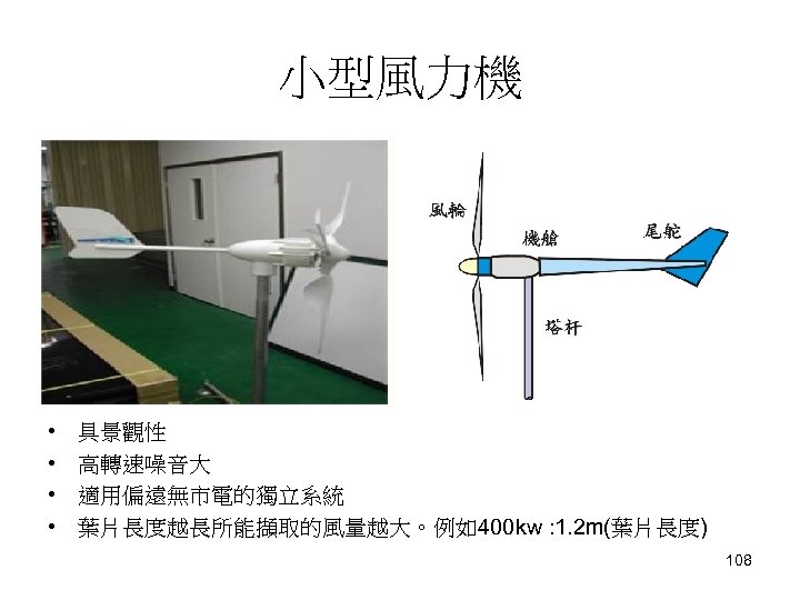 小型風力機 • • 具景觀性 高轉速噪音大 適用偏遠無市電的獨立系統 葉片長度越長所能擷取的風量越大。例如400 kw : 1. 2 m(葉片長度) 108 