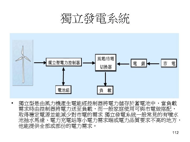 獨立發電系統 • 獨立型是由風力機產生電能經控制器將電力儲存於蓄電池中，當負載 需求時由控制器將電力送至負載，而一般家庭使用可與市電做搭配， 取得穩定電源並能減少對市電的需求 獨立發電系統一般常見的有噴水 池抽水馬達、電力充電站等小電力需求端或電力品質要求不高的地方， 他能提供全部或部份的電力需求。 112 