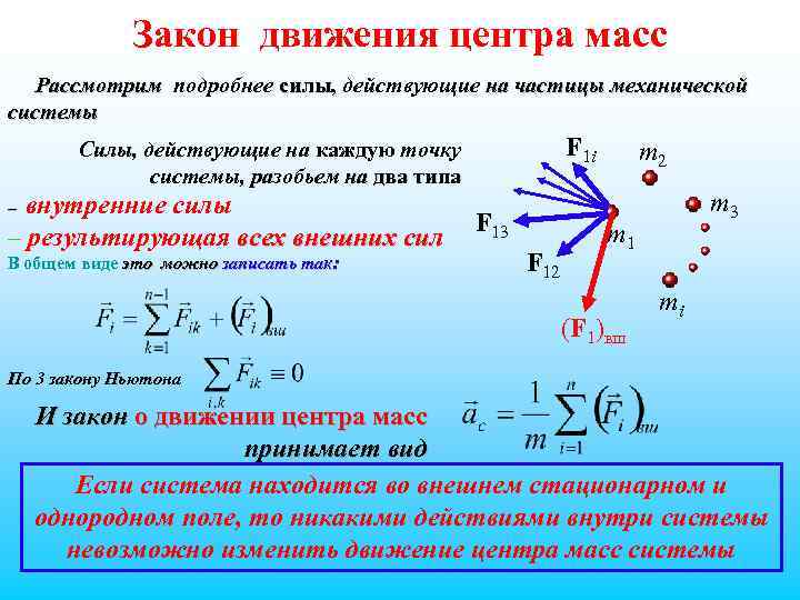 Закон движения центра масс Рассмотрим подробнее силы, действующие на частицы механической системы F 1