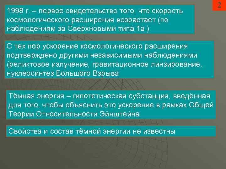 1998 г. – первое свидетельство того, что скорость космологического расширения возрастает (по наблюдениям за