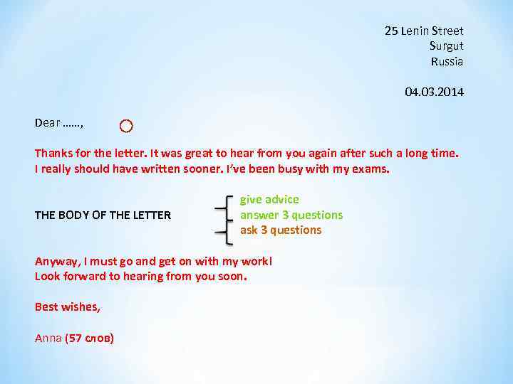 25 Lenin Street Surgut Russia 04. 03. 2014 Dear ……, Thanks for the letter.