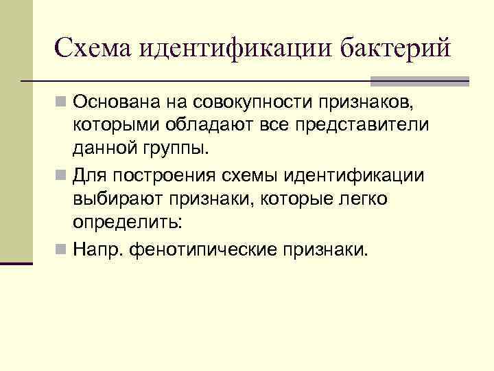 Схема идентификации бактерий n Основана на совокупности признаков, которыми обладают все представители данной группы.